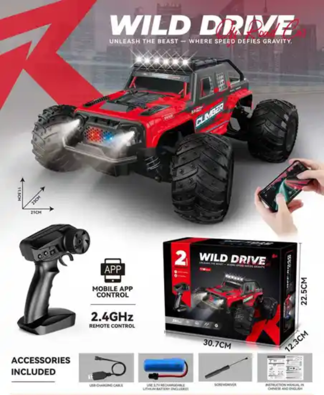 Wild Drive 1:18 Scale RC Off-Road Monster Truck 35KM/H High Speed Remote Control Car 2.4GHz with LED Lights, Rechargeable Battery & All-Terrain Wheels - Image 10