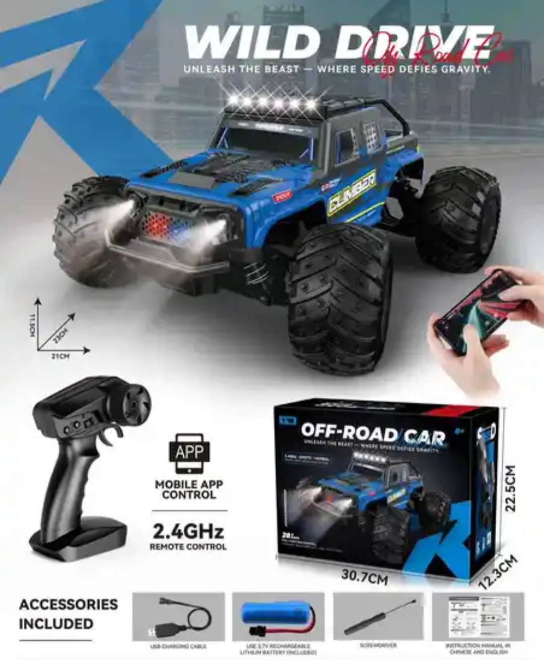 Wild Drive 1:18 Scale RC Off-Road Monster Truck 35KM/H High Speed Remote Control Car 2.4GHz with LED Lights, Rechargeable Battery & All-Terrain Wheels - Image 9