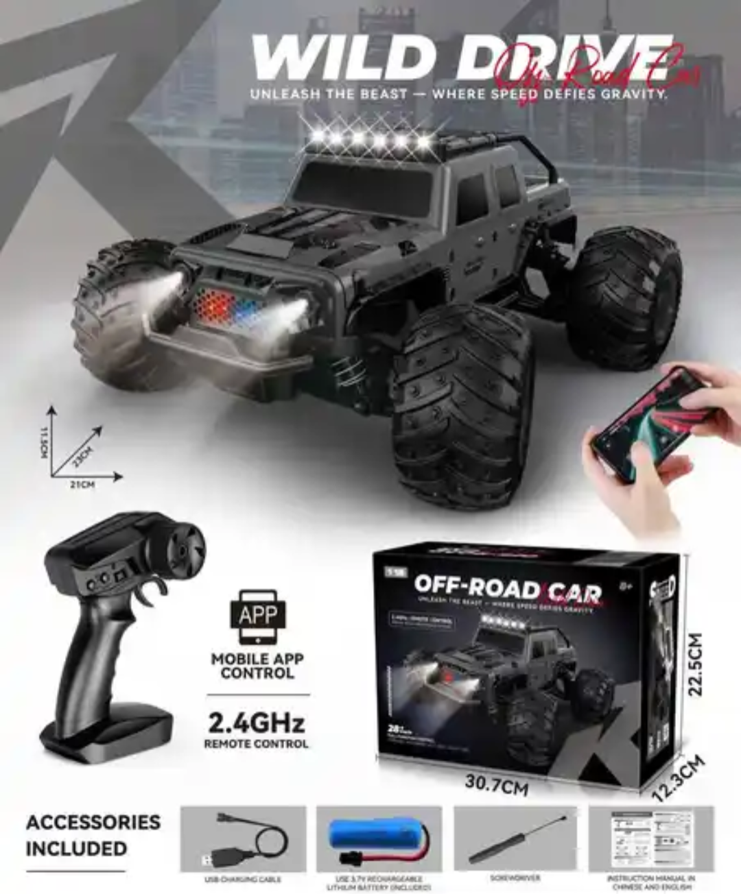 Wild Drive 1:18 Scale RC Off-Road Monster Truck 35KM/H High Speed Remote Control Car 2.4GHz with LED Lights, Rechargeable Battery & All-Terrain Wheels - Image 8