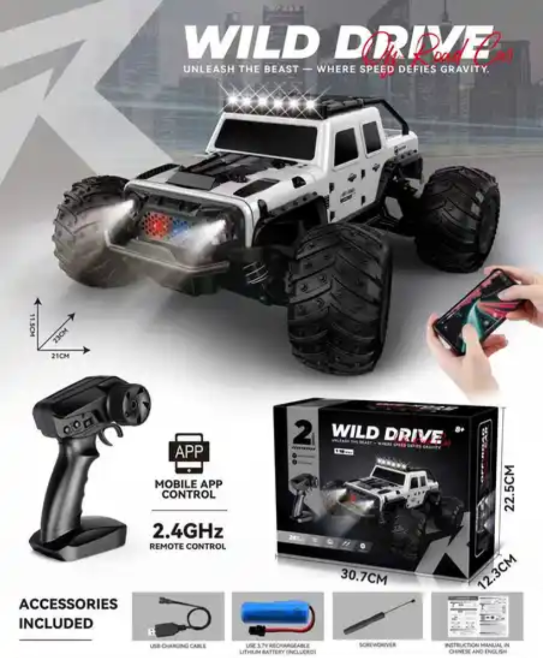 Wild Drive 1:18 Scale RC Off-Road Monster Truck 35KM/H High Speed Remote Control Car 2.4GHz with LED Lights, Rechargeable Battery & All-Terrain Wheels - Image 11