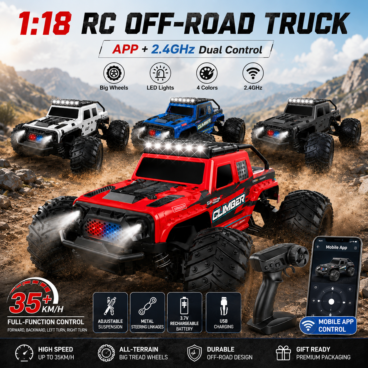 Wild Drive 1:18 Scale RC Off-Road Monster Truck 35KM/H High Speed Remote Control Car 2.4GHz with LED Lights, Rechargeable Battery & All-Terrain Wheels - Image 5