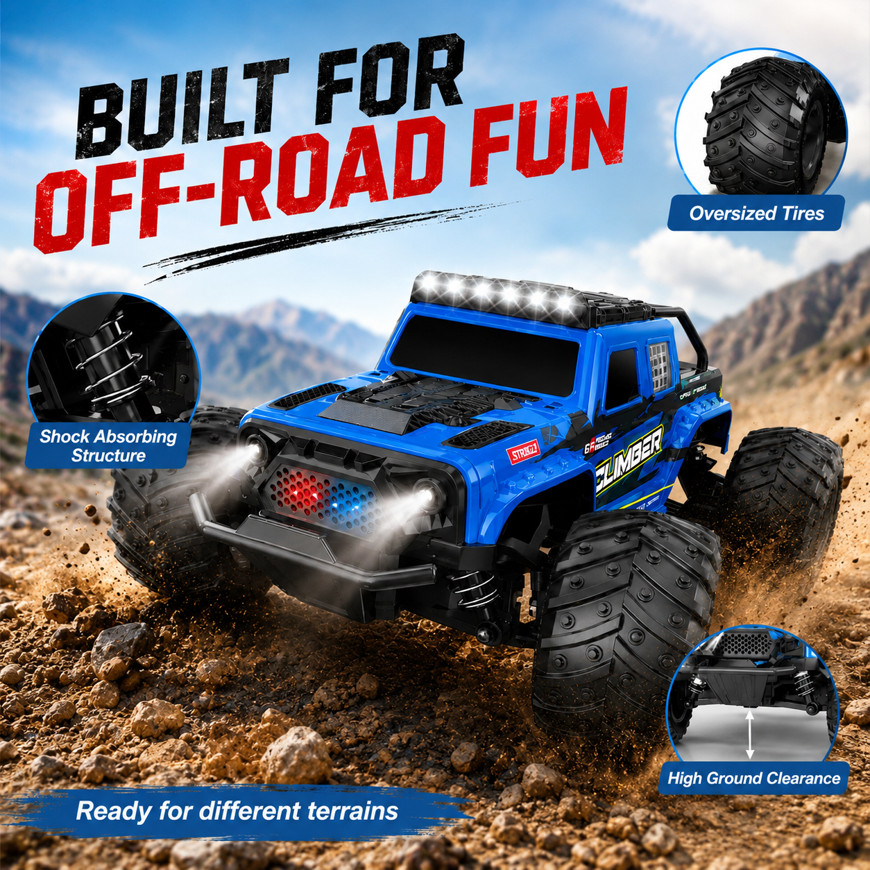 Wild Drive 1:18 Scale RC Off-Road Monster Truck 35KM/H High Speed Remote Control Car 2.4GHz with LED Lights, Rechargeable Battery & All-Terrain Wheels - Image 7