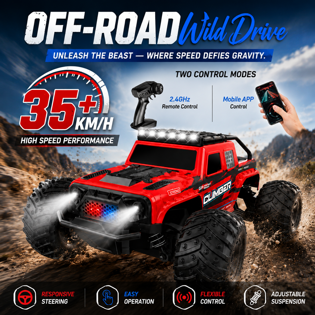 Wild Drive 1:18 Scale RC Off-Road Monster Truck 35KM/H High Speed Remote Control Car 2.4GHz with LED Lights, Rechargeable Battery & All-Terrain Wheels - Image 6