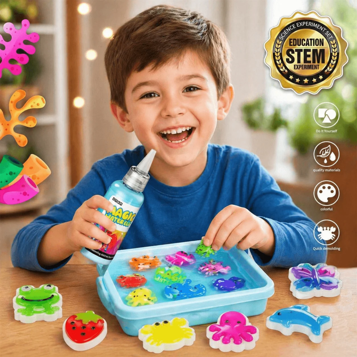 Magic Water Elf Gel Kit for Kids – DIY Water Gel Making Toy with 12 Colorful Magic Gels, 12 Animal Shape Molds, Calcium Lactate Powder, Mixing Tray & Stickers Creative Arts & Crafts Educational Toy - Image 10