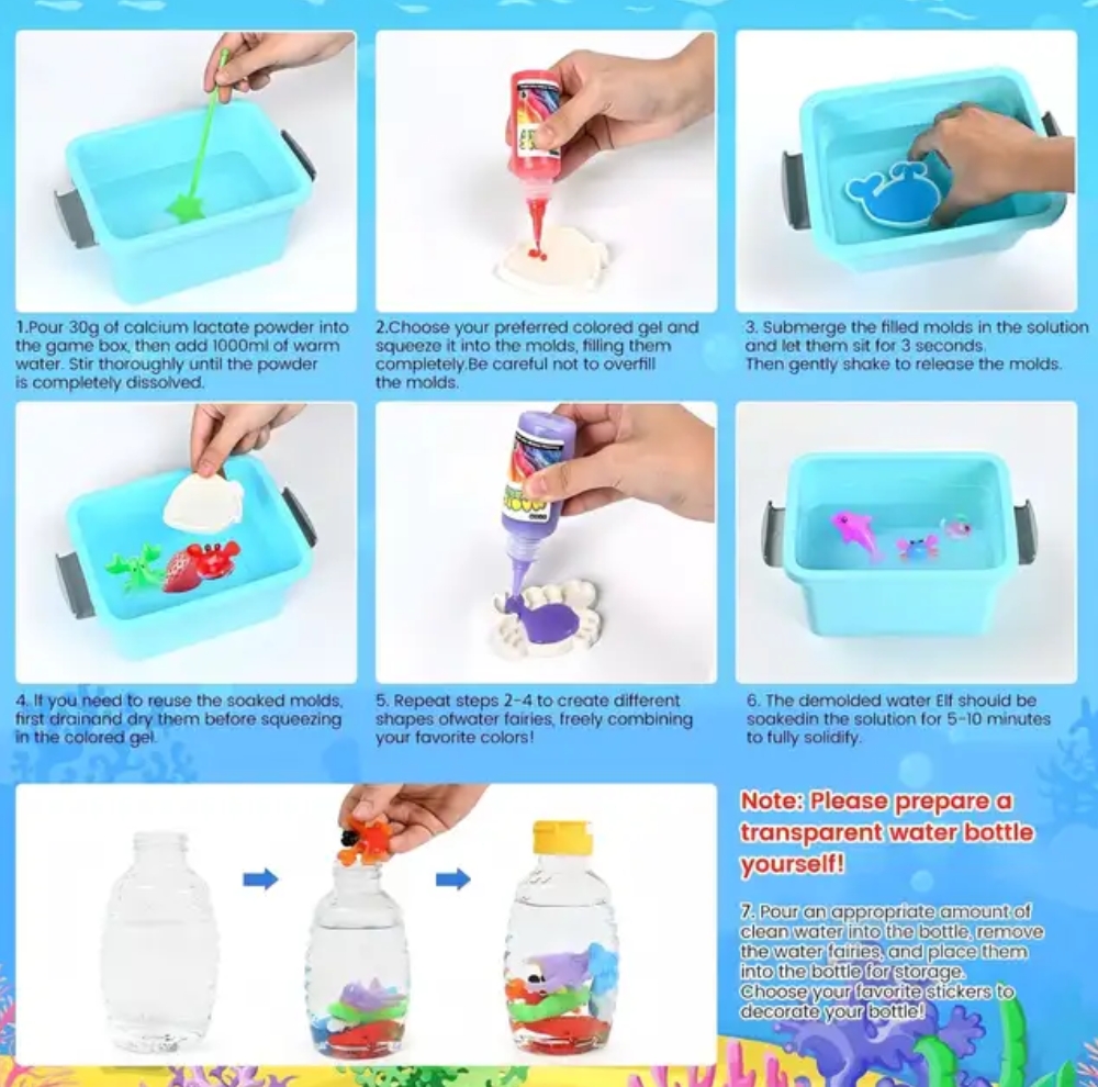 Magic Water Elf Gel Kit for Kids – DIY Water Gel Making Toy with 12 Colorful Magic Gels, 12 Animal Shape Molds, Calcium Lactate Powder, Mixing Tray & Stickers Creative Arts & Crafts Educational Toy - Image 9