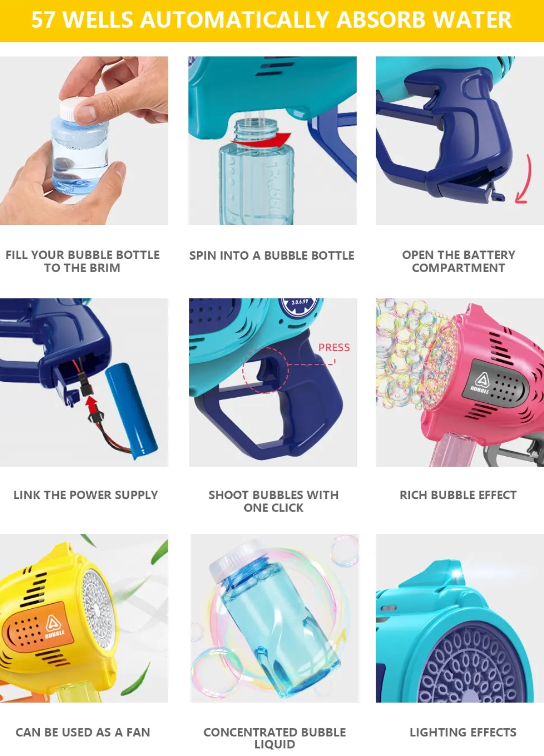 Electric Bubble Gun for Kids, 57 Holes Automatic Bubble Machine with LED Lights, Rechargeable Bubble Blower, 150ml Bubble Solution Included - Image 12